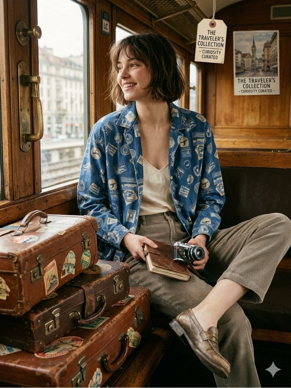 Vintage 90s Lizwear Swiss Travel Stamp Denim Blouse Grandmacore Boxy M L XL